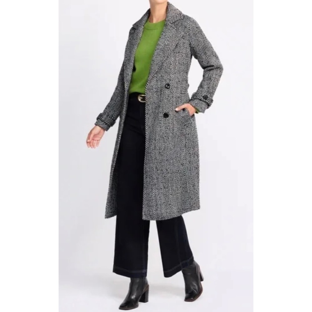 Montgomery Post Herringbone‎ Double Breasted Trench Coat Belted Long Overcoat